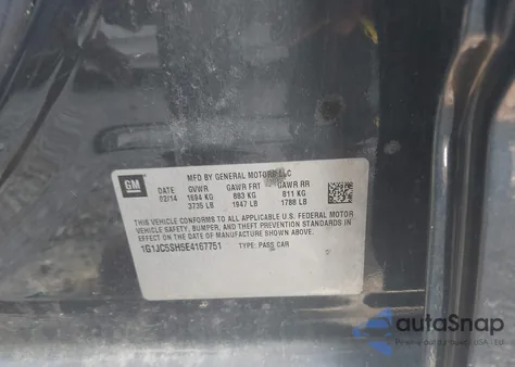 2014 Chevrolet Sonic Lt Auto из США, поврежденный, VIN 1G1JC5SH5E4167751